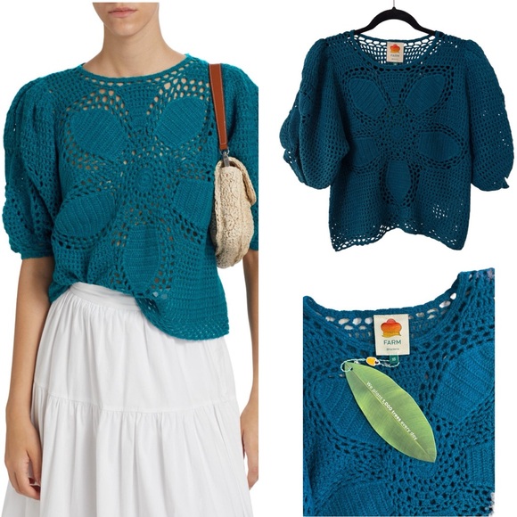 FARM Rio Tops - NWT FARM Rio Flower Draw Crochet Blouse